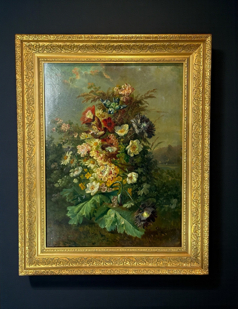 Large Painting / Mixed Media Burgautée Under Glass On Framed Wood Panel