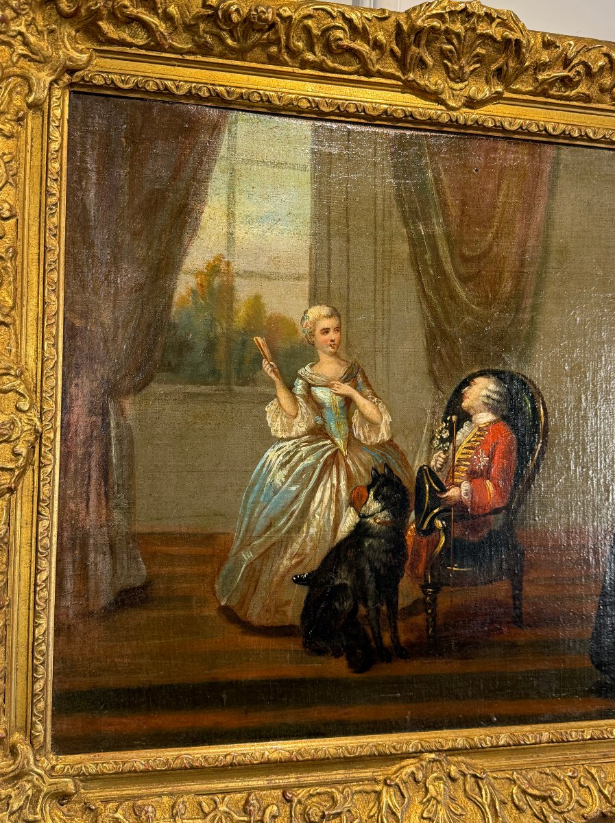 Painting / Oil On Canvas Mounted From The 19th Century, Well Framed "gallantic Scene"-photo-2