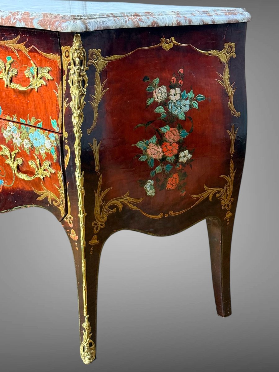 19th Century Louis XV Style Chest Of Drawers In Red And Black Lacquer With Floral Decoration-photo-2