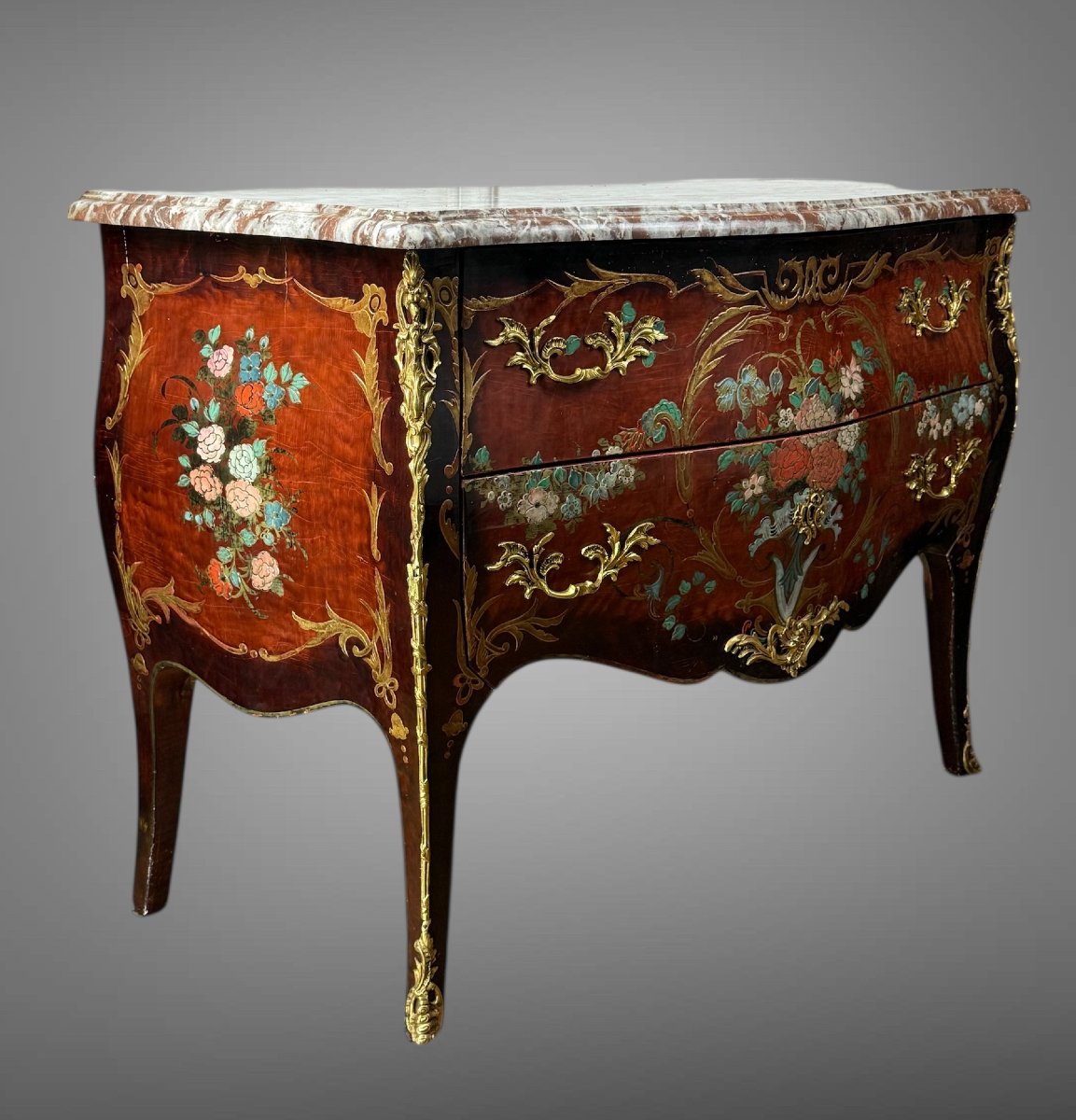 19th Century Louis XV Style Chest Of Drawers In Red And Black Lacquer With Floral Decoration-photo-3