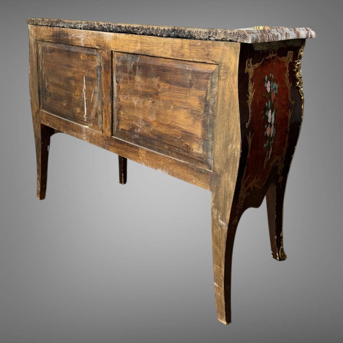 19th Century Louis XV Style Chest Of Drawers In Red And Black Lacquer With Floral Decoration-photo-4