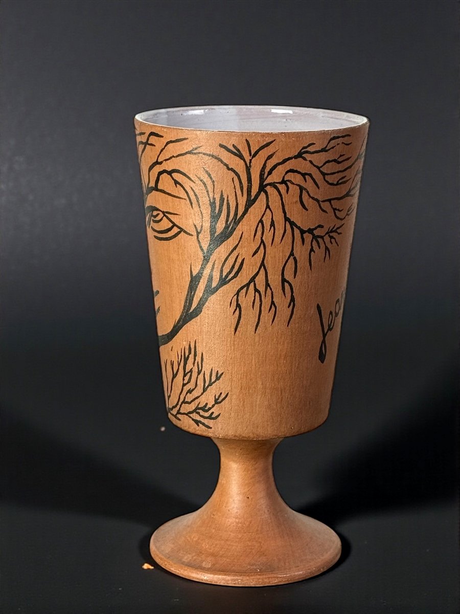 VASE SUR PIED EN CERAMIQUE EMAILLÉ SIGNÉ JEAN MARAIS A DECOR D UN VISAGE-photo-2