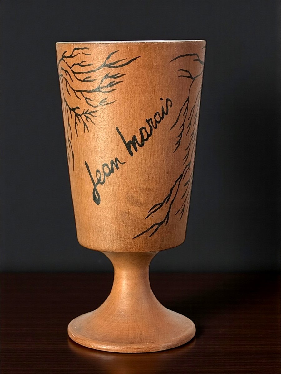 VASE SUR PIED EN CERAMIQUE EMAILLÉ SIGNÉ JEAN MARAIS A DECOR D UN VISAGE-photo-3