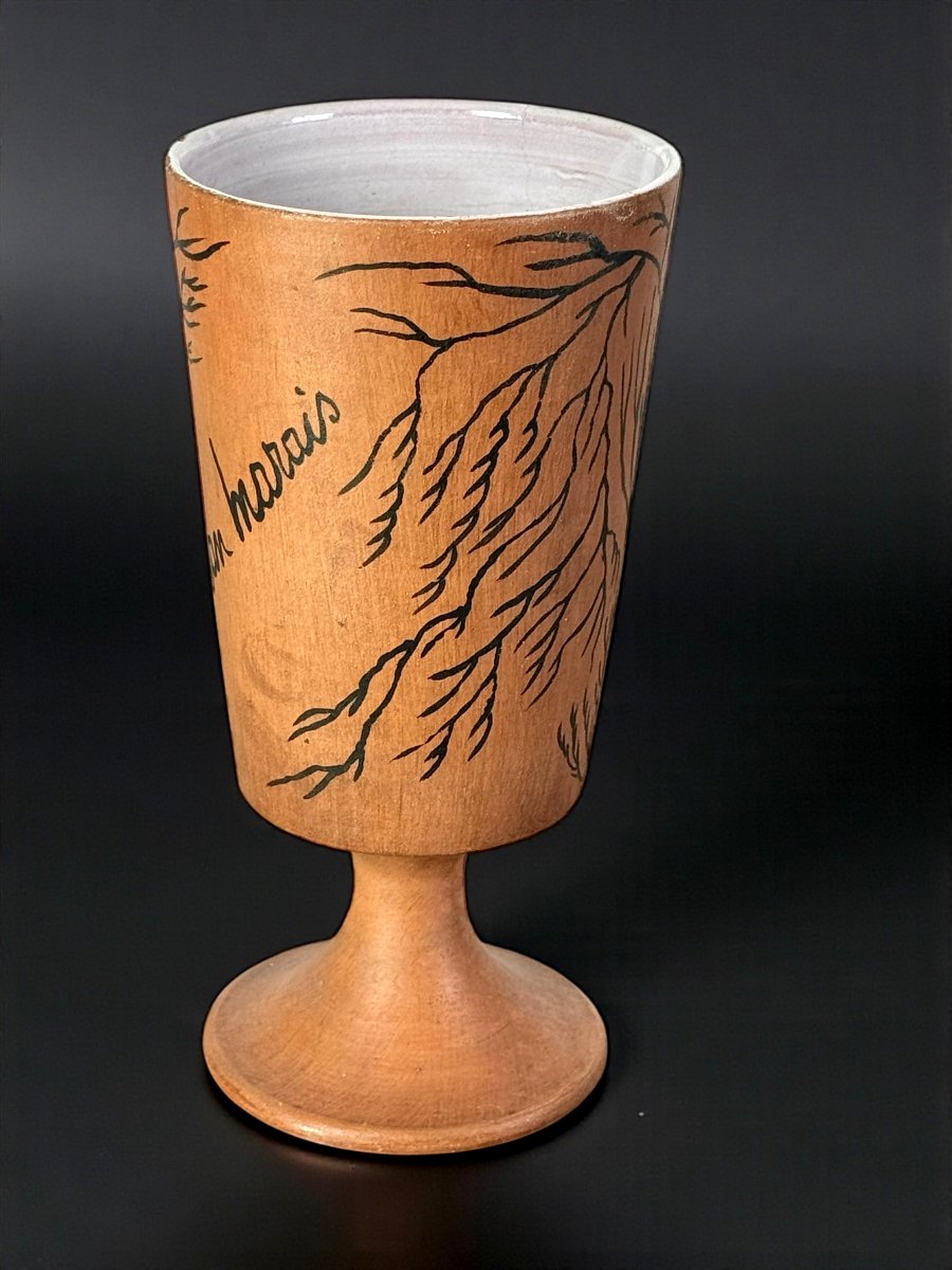 VASE SUR PIED EN CERAMIQUE EMAILLÉ SIGNÉ JEAN MARAIS A DECOR D UN VISAGE-photo-4