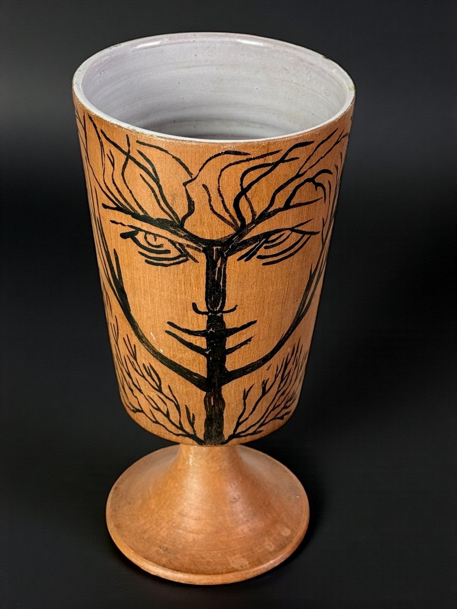 VASE SUR PIED EN CERAMIQUE EMAILLÉ SIGNÉ JEAN MARAIS A DECOR D UN VISAGE-photo-1