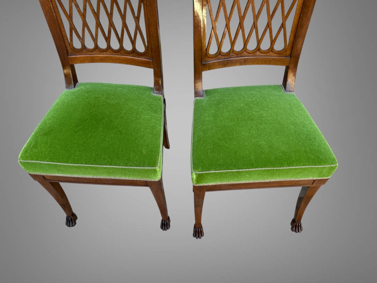 PAIRE DE CHAISES EN ACAJOU DE STYLE EMPIRE AVEC DOSSIERS AJOURÉS BIEN TAPISSÉS-photo-3