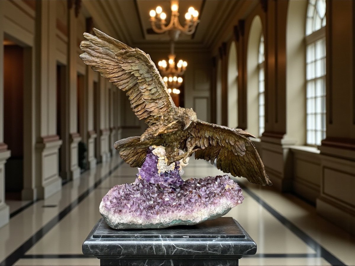 Bronze Sculpture On A Base Adorned With Amethysts Depicting An Eagle Hunting-photo-1