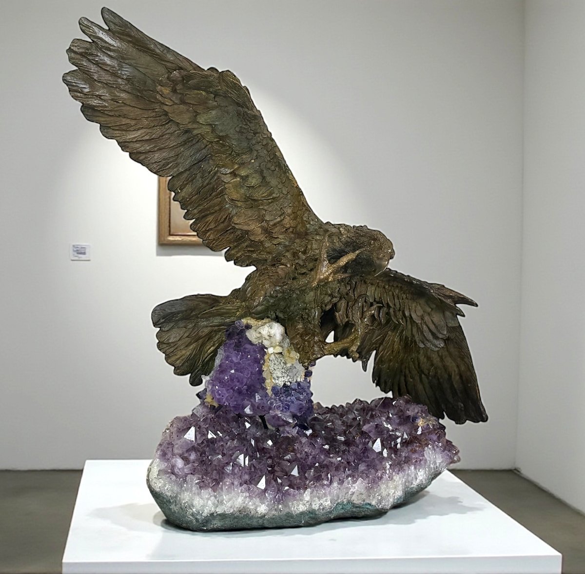 Bronze Sculpture On A Base Adorned With Amethysts Depicting An Eagle Hunting-photo-4