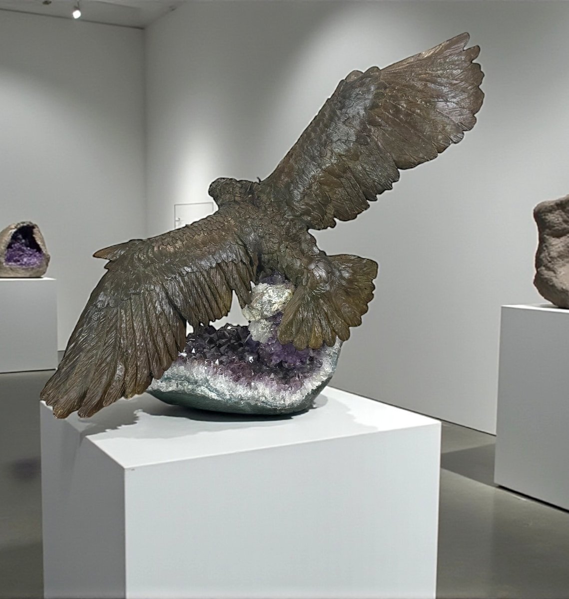 Bronze Sculpture On A Base Adorned With Amethysts Depicting An Eagle Hunting-photo-6
