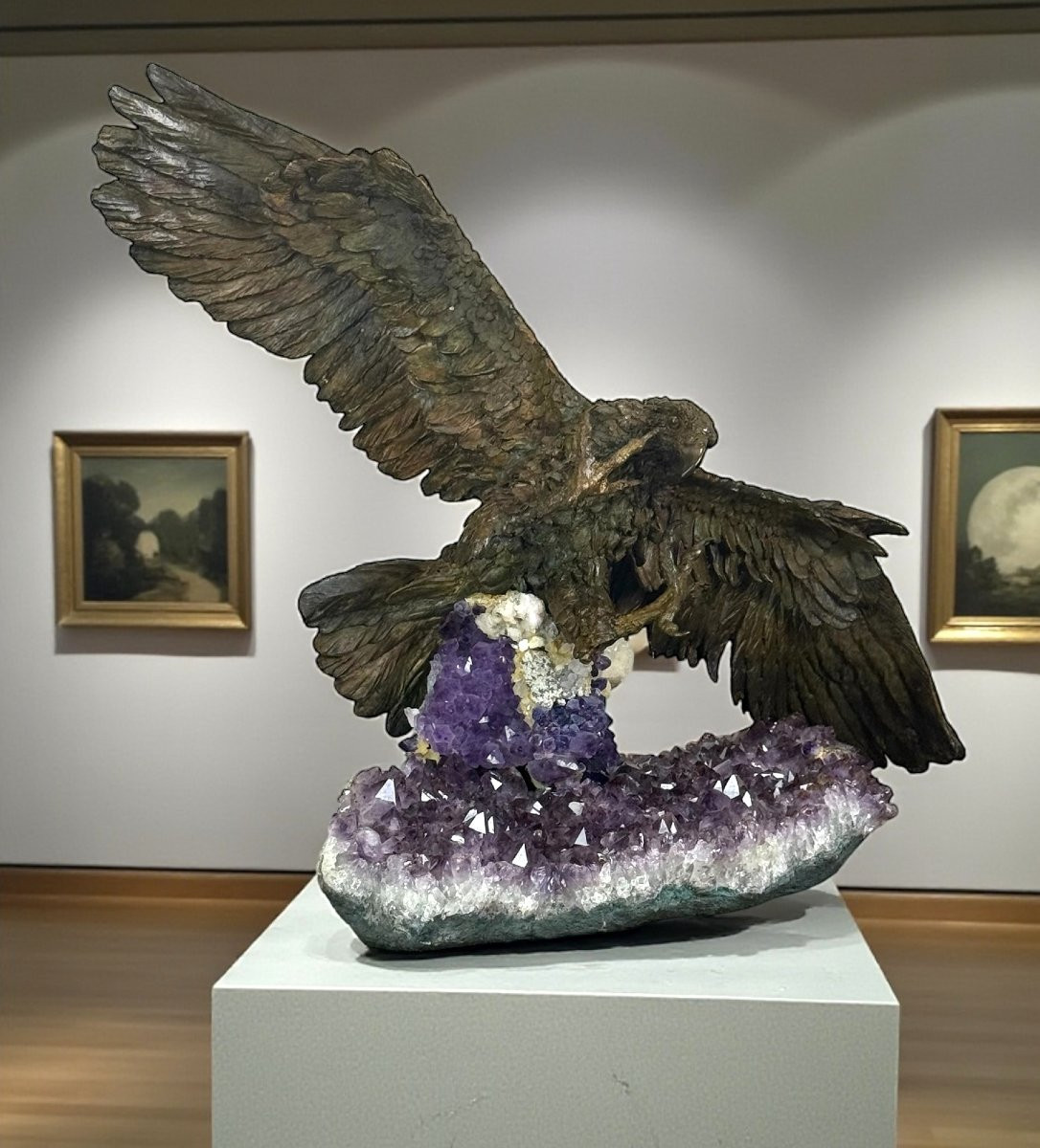 Bronze Sculpture On A Base Adorned With Amethysts Depicting An Eagle Hunting