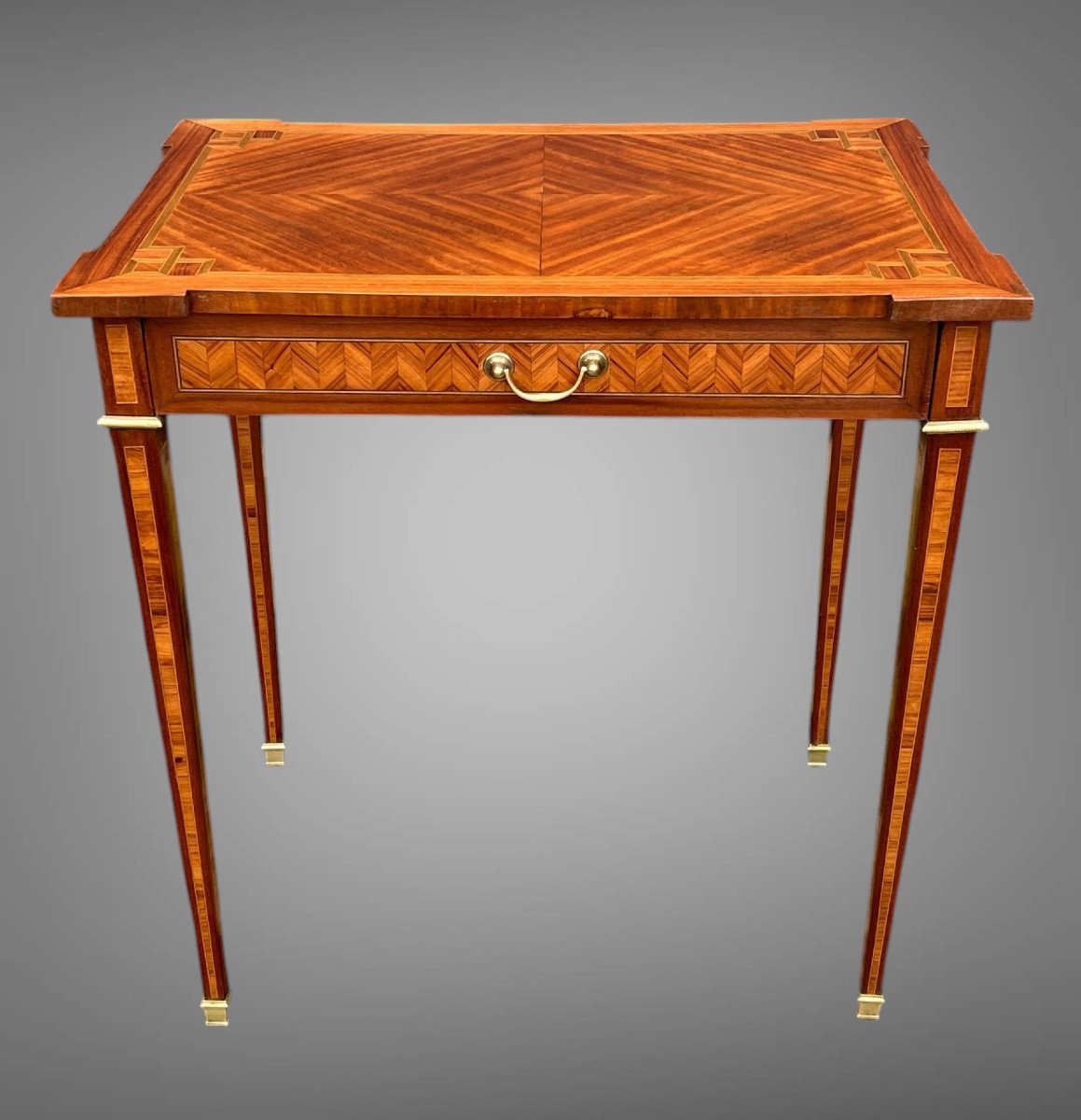 PETIT BUREAU ANCIEN DE STYLE LOUIS XVI EN MARQUETERIE OUVRANT PAR UN TIROIR-photo-2