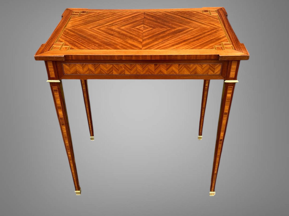 PETIT BUREAU ANCIEN DE STYLE LOUIS XVI EN MARQUETERIE OUVRANT PAR UN TIROIR-photo-4