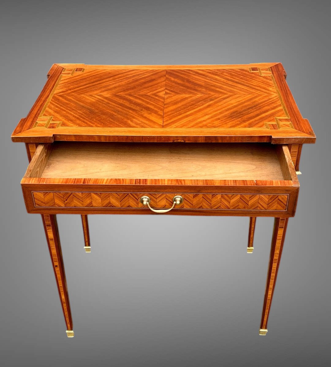 PETIT BUREAU ANCIEN DE STYLE LOUIS XVI EN MARQUETERIE OUVRANT PAR UN TIROIR-photo-1