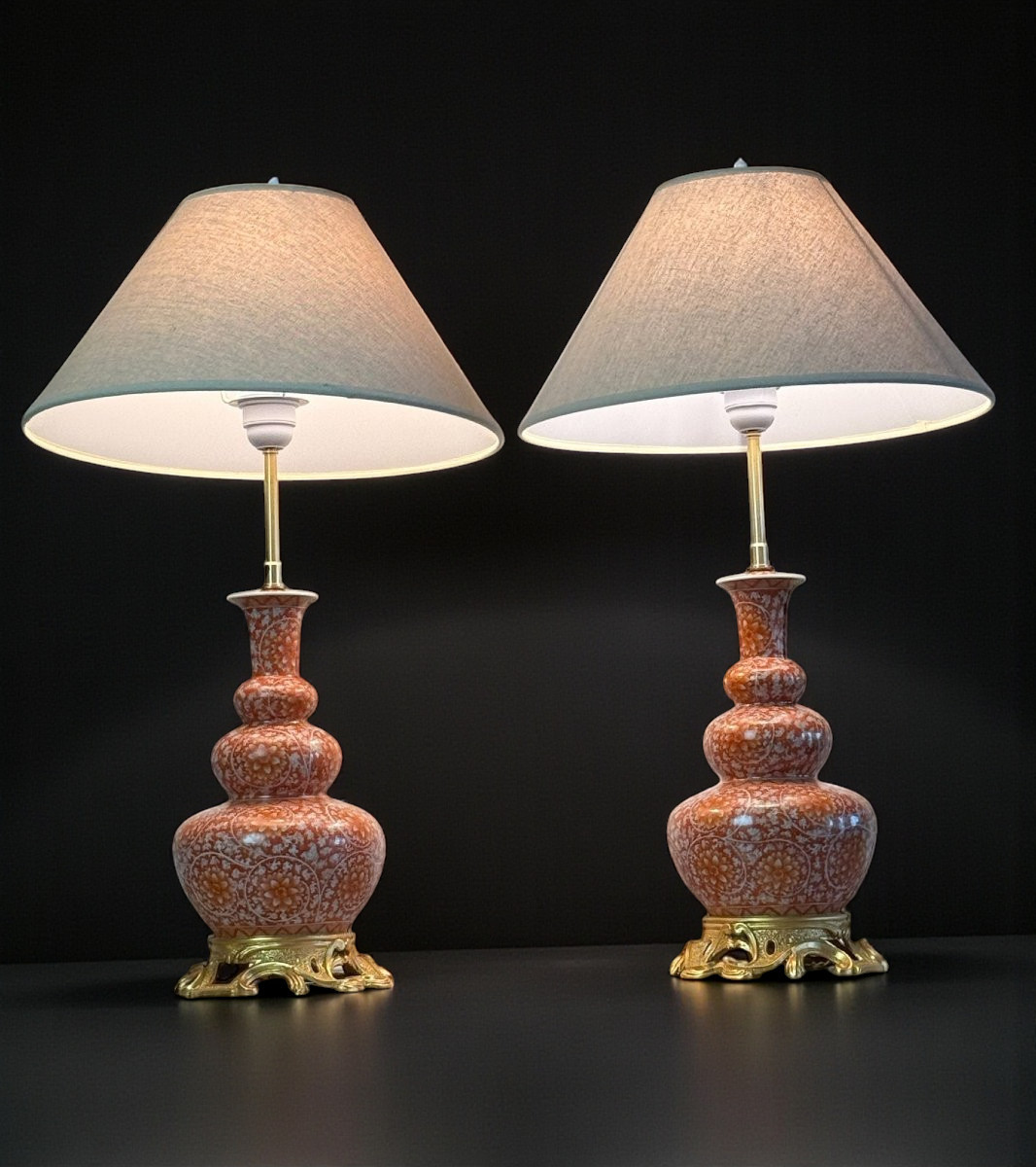 PAIRE DE LAMPES EN PORCELAINE ORNÉES DE BRONZE DORÉ A DECOR FLORAL BLANC /CORAIL-photo-3