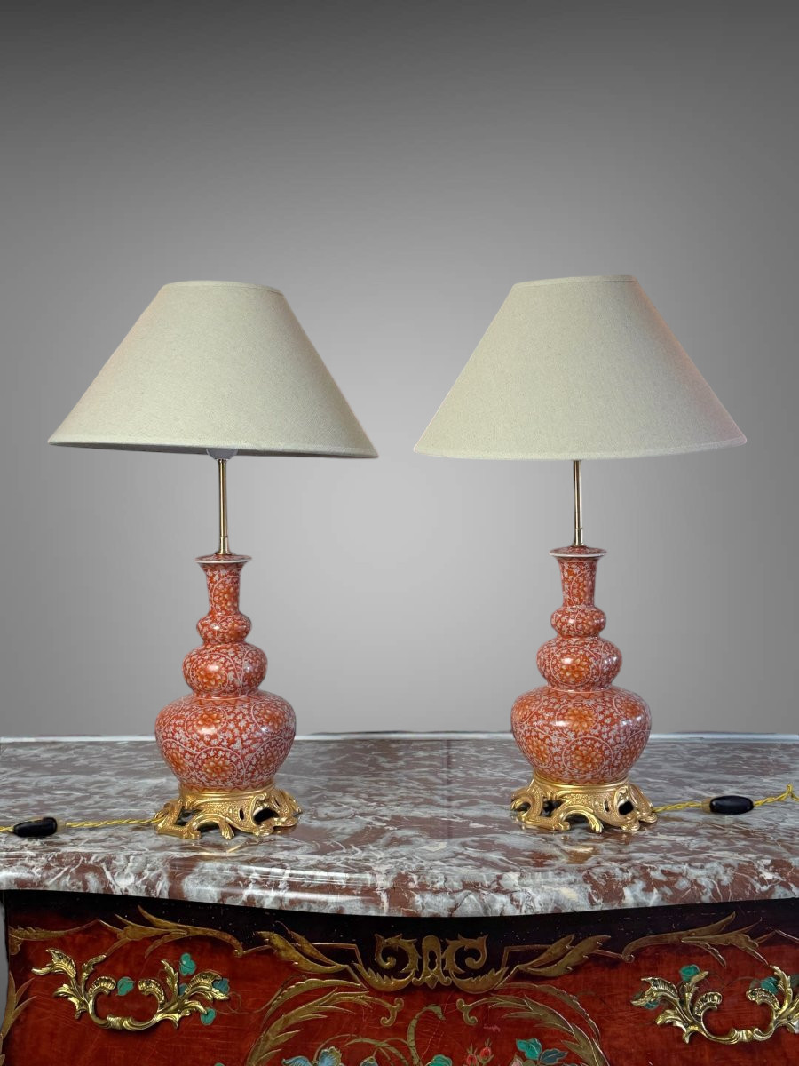 PAIRE DE LAMPES EN PORCELAINE ORNÉES DE BRONZE DORÉ A DECOR FLORAL BLANC /CORAIL-photo-8