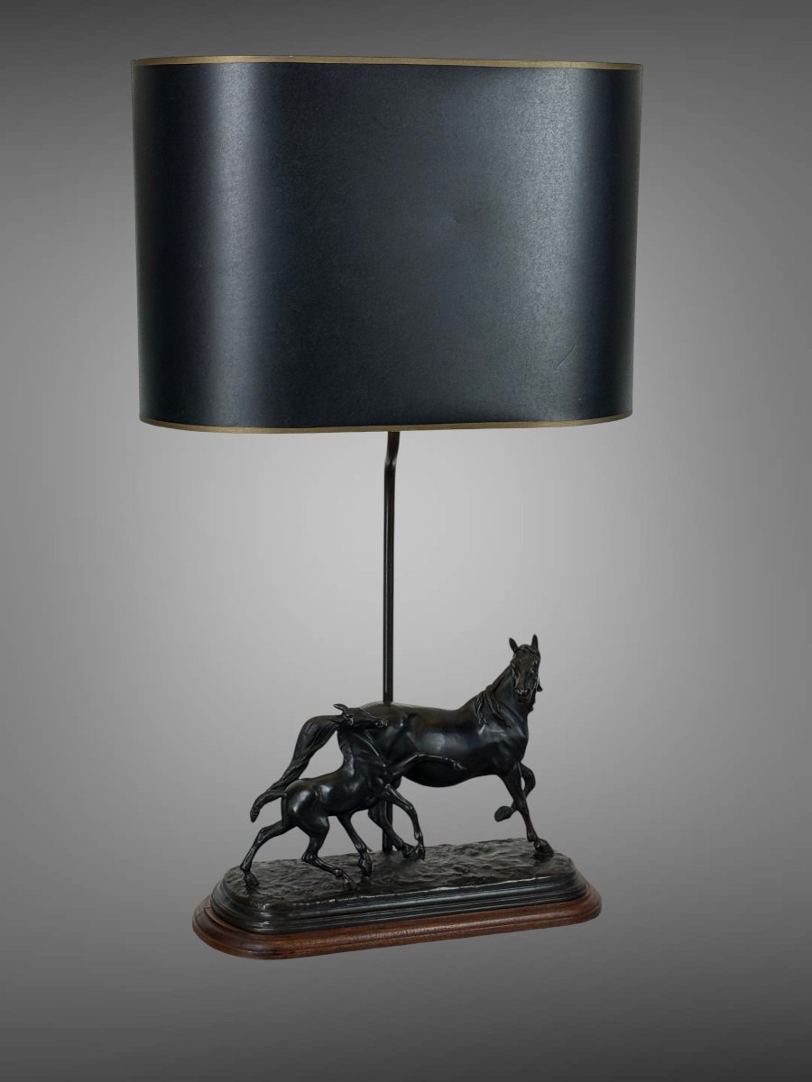 Large Lamp Depicting A Mare And Her Foal, Signed émile Loiseau-photo-4
