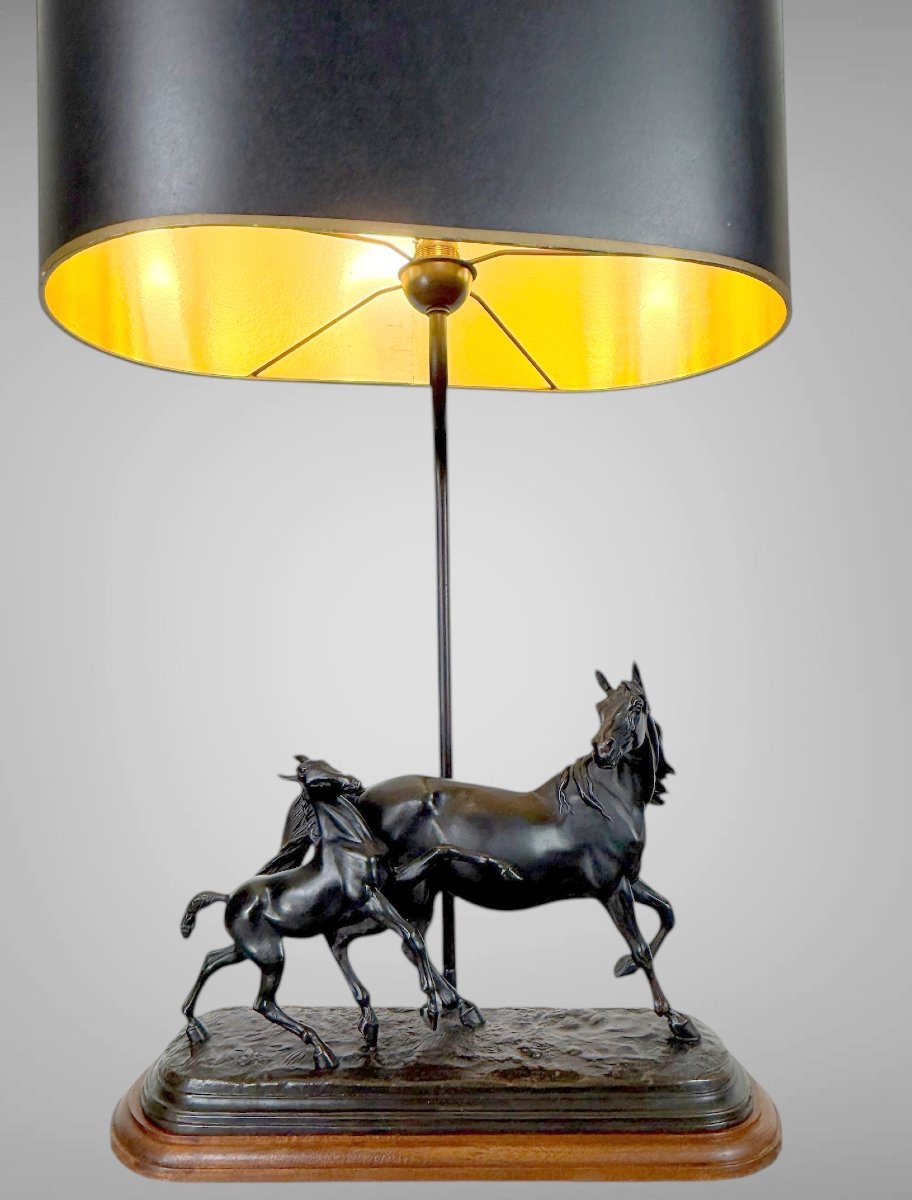 Large Lamp Depicting A Mare And Her Foal, Signed émile Loiseau-photo-5