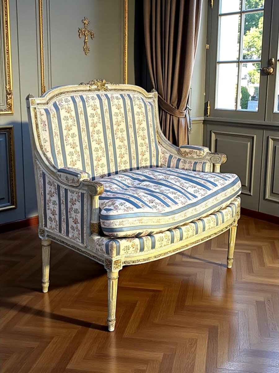 MARQUISE ANCIENNE DE STYLE LOUIS XVI EN BOIS LAQUÉ ET DORÉ DES ANNÉES 1900-photo-1