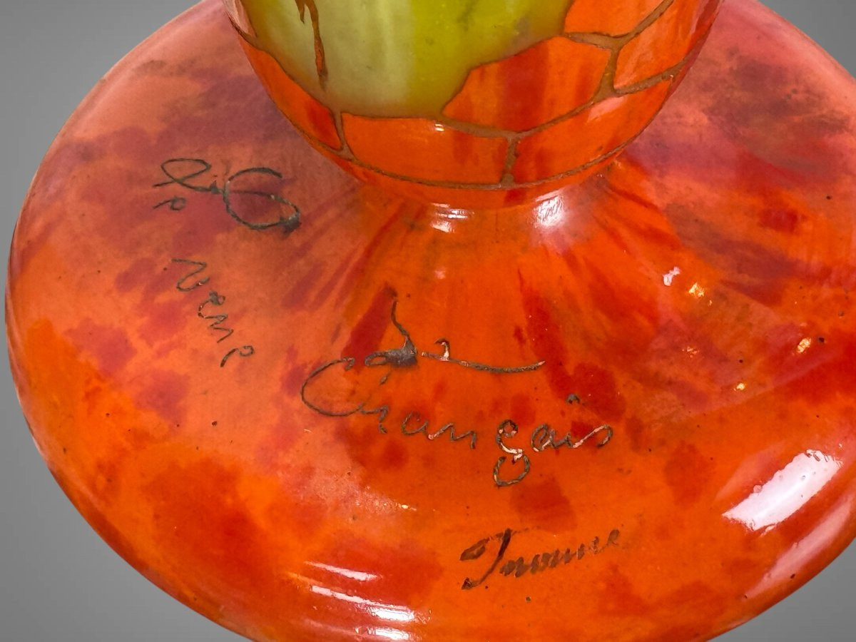 "le Verre Français" Vase, Tusgle Shaped On A Multi-layer Glass Pedestal With Ash Decor-photo-3