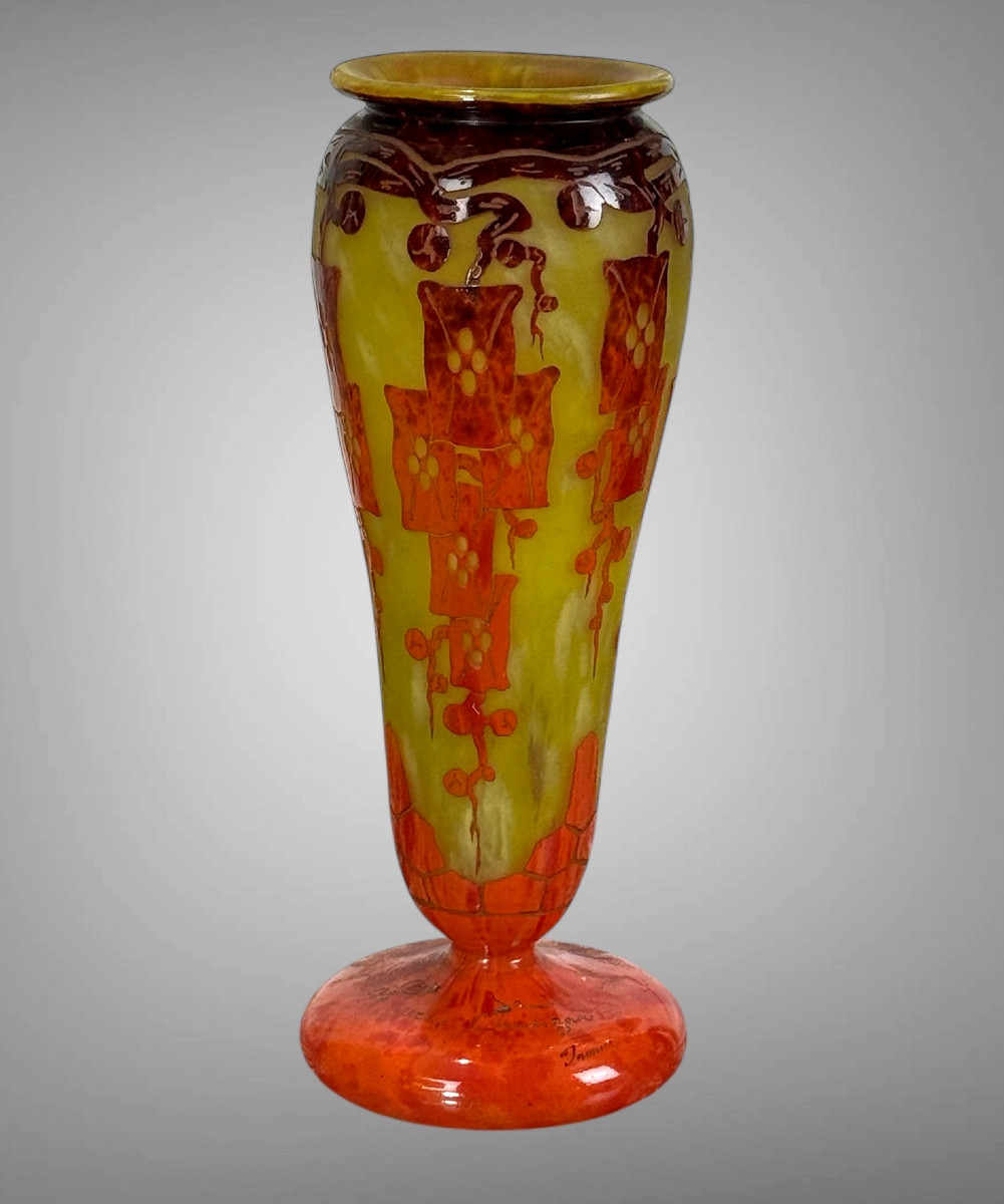 "le Verre Français" Vase, Tusgle Shaped On A Multi-layer Glass Pedestal With Ash Decor