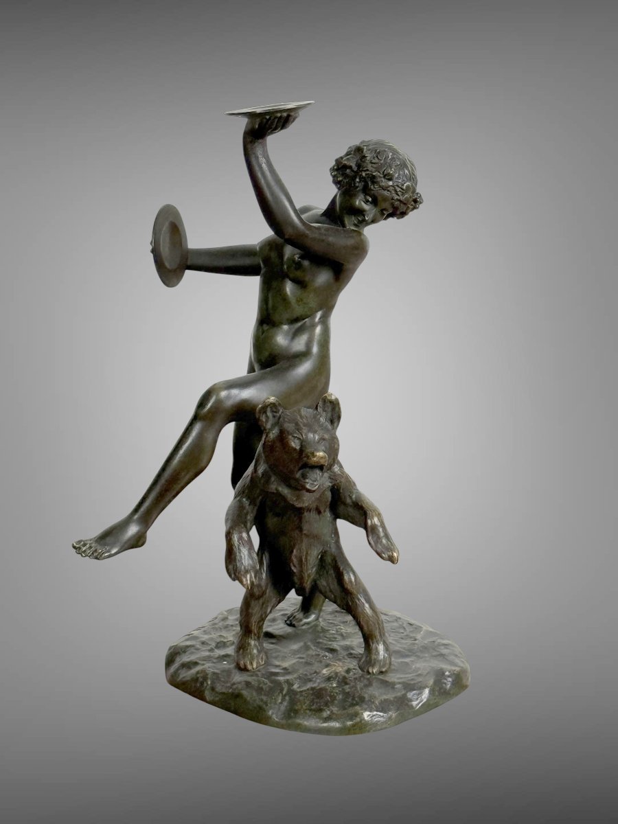 Antique Bronze Signed By Charles Paillet (1871-1937) "the Baccana And Her Bear"-photo-2