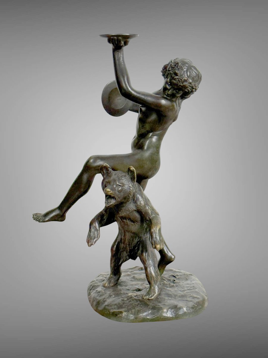 Antique Bronze Signed By Charles Paillet (1871-1937) "the Baccana And Her Bear"-photo-3
