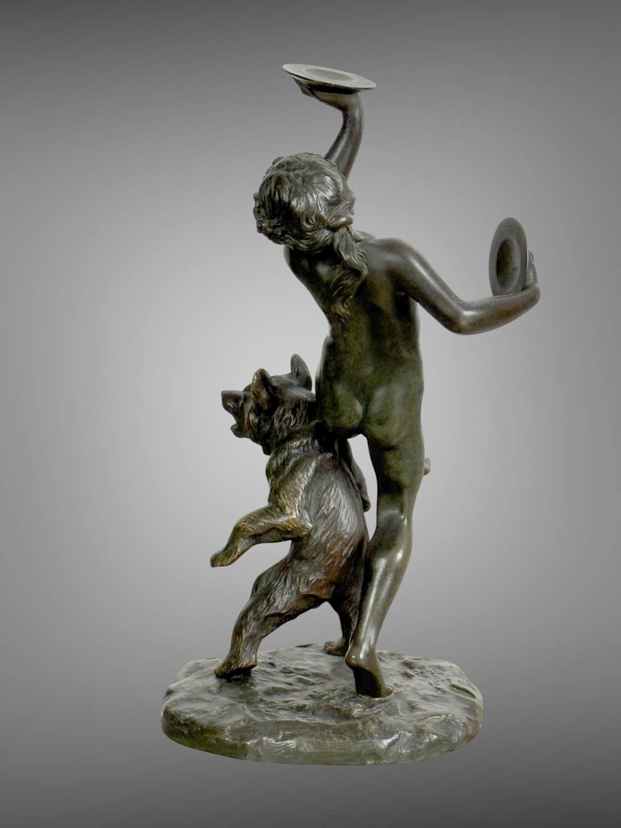 Antique Bronze Signed By Charles Paillet (1871-1937) "the Baccana And Her Bear"-photo-4