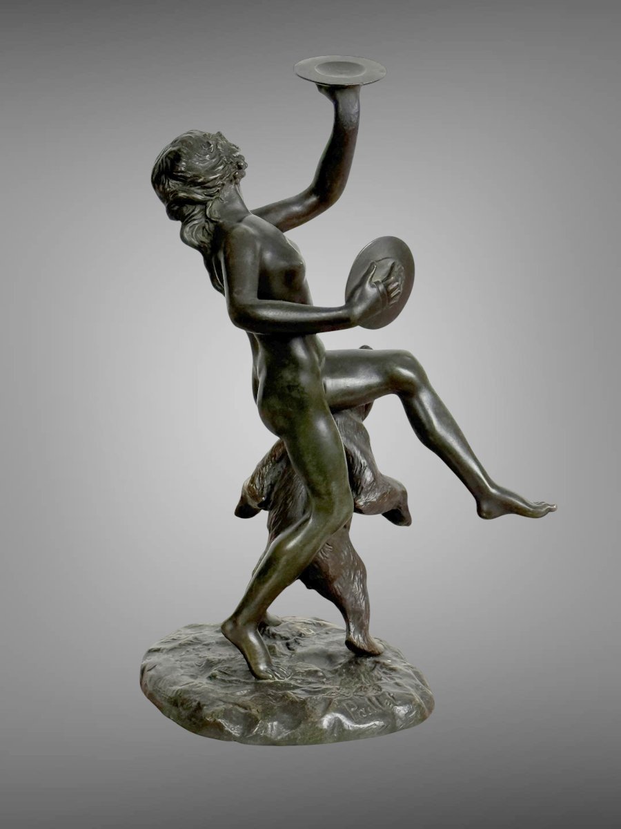 Antique Bronze Signed By Charles Paillet (1871-1937) "the Baccana And Her Bear"-photo-1