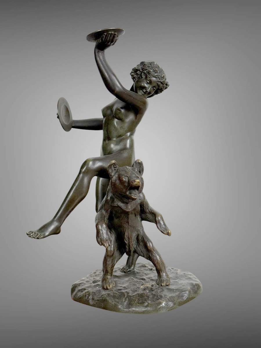 Antique Bronze Signed By Charles Paillet (1871-1937) "the Baccana And Her Bear"-photo-3