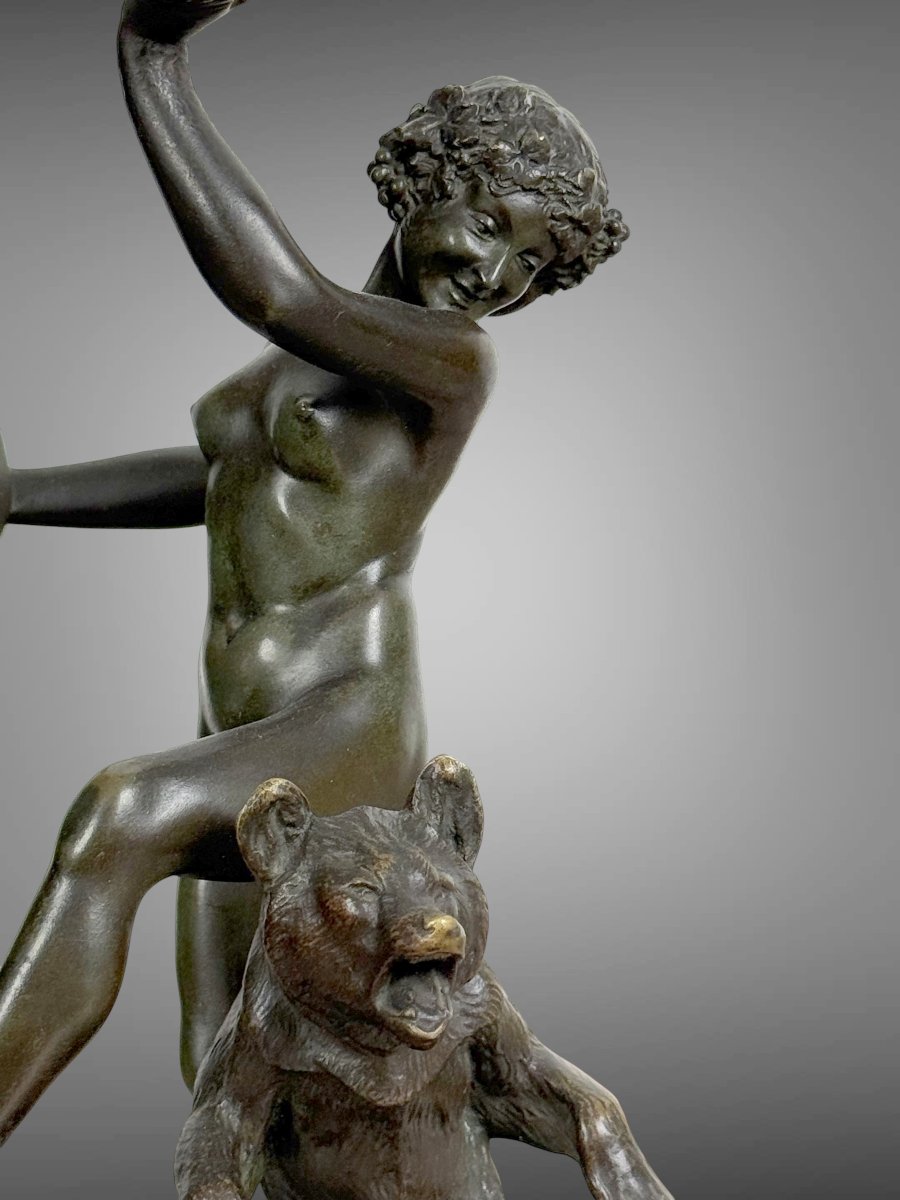 Antique Bronze Signed By Charles Paillet (1871-1937) "the Baccana And Her Bear"-photo-4