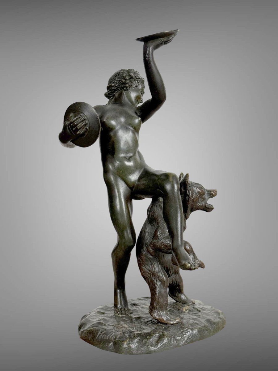 Antique Bronze Signed By Charles Paillet (1871-1937) "the Baccana And Her Bear"-photo-7