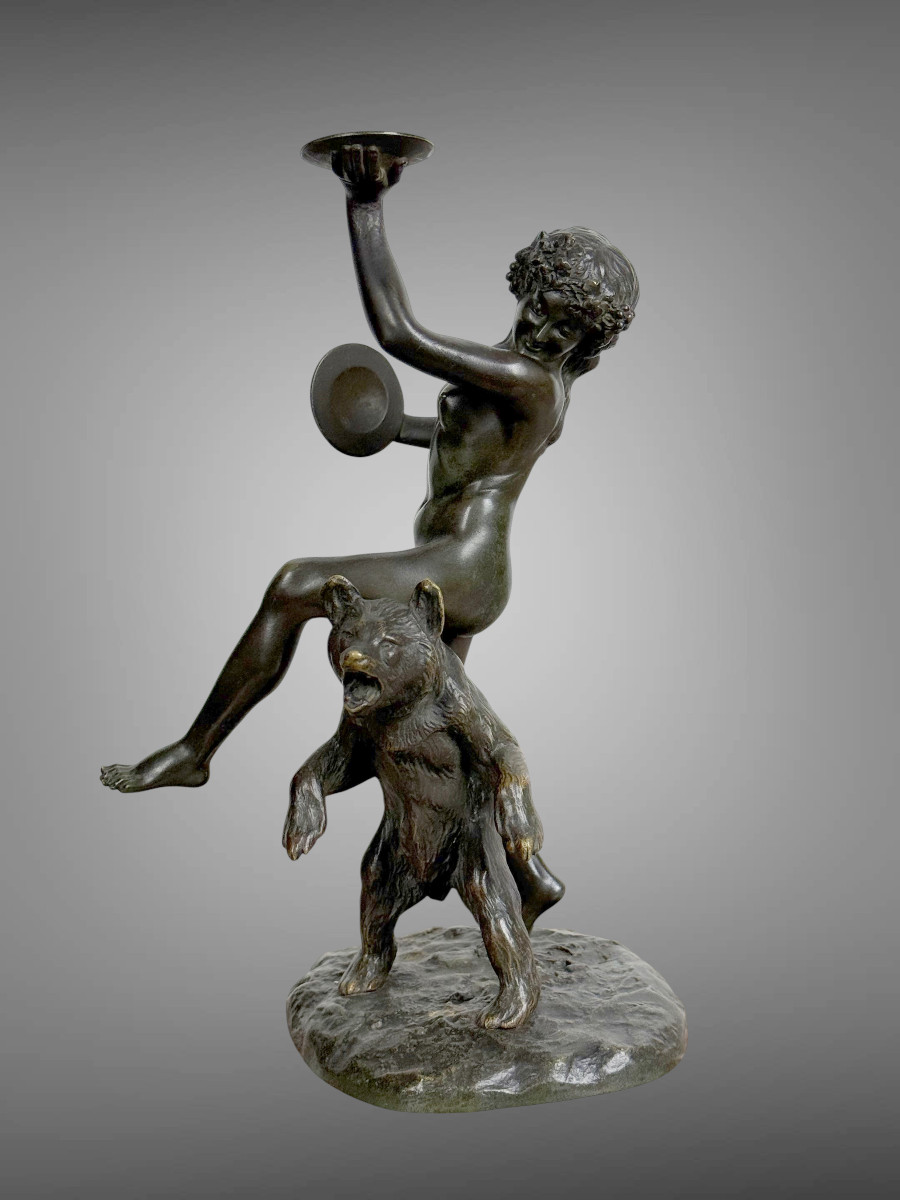 Antique Bronze Signed By Charles Paillet (1871-1937) "the Baccana And Her Bear"