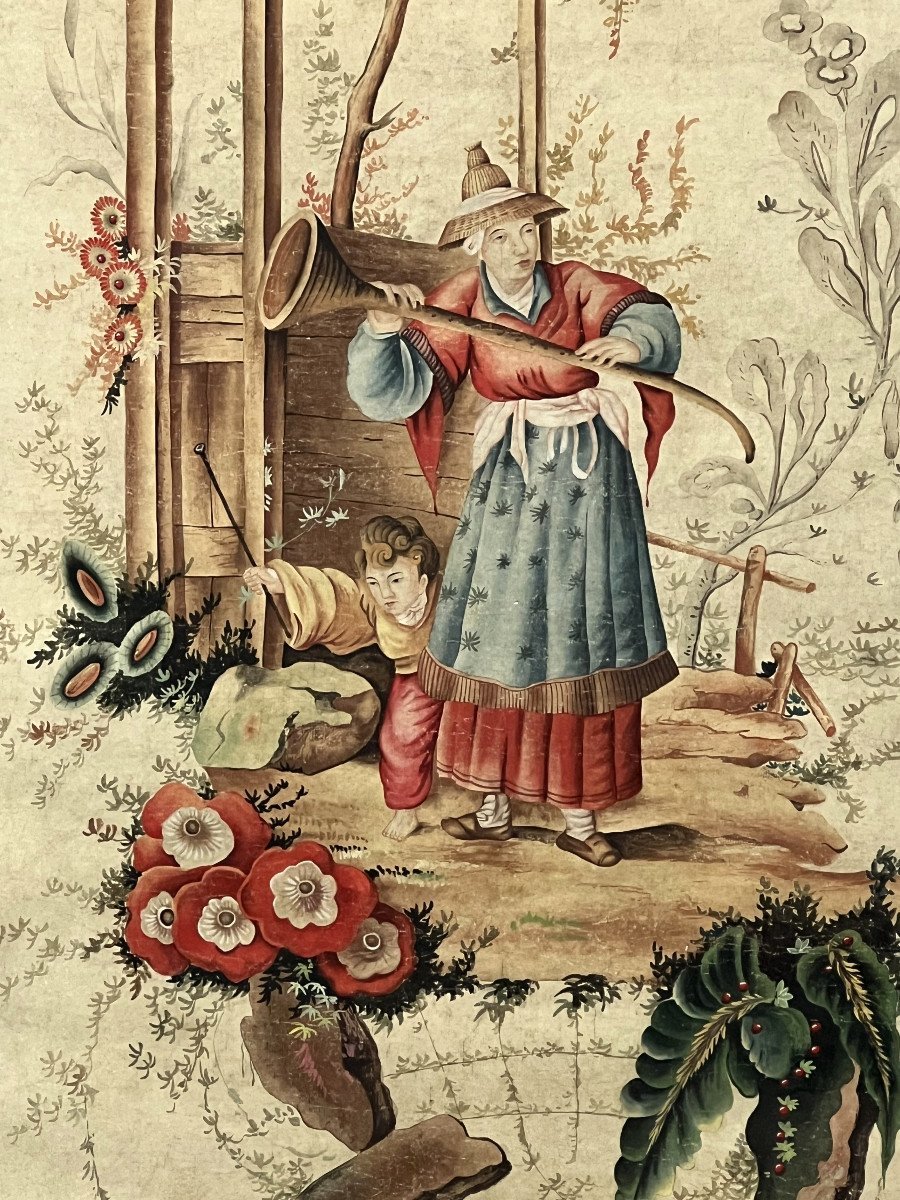 Large Watercolor Late 18th/early 19th Century In Chinese Paper On Rice Paper (reframed) -photo-1