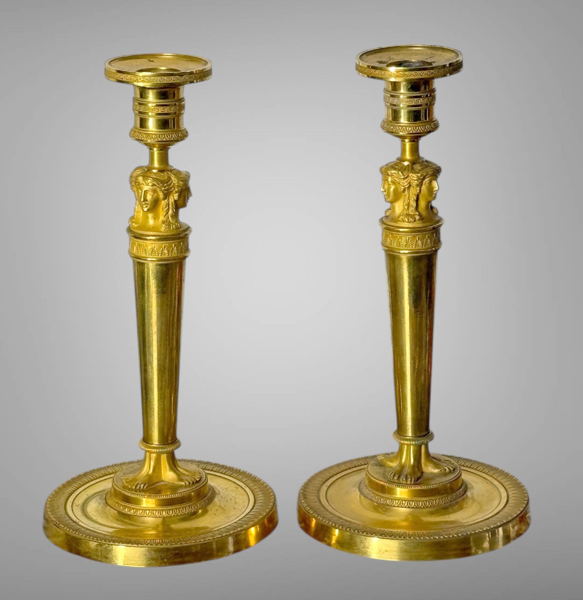 Pair Of Empire Period Chandeliers "claude Galle Model" In Chiseled And Gilt Bronze