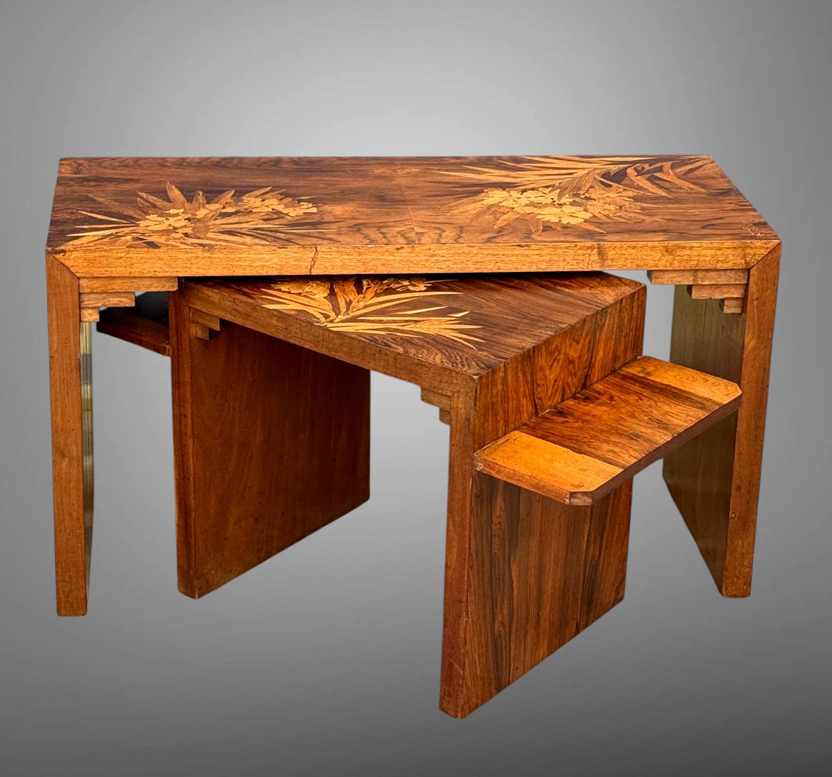 Art Deco Nesting Table Signed émile Gallé With Japanese-style Decoration Of Pink Bay Leaves-photo-4