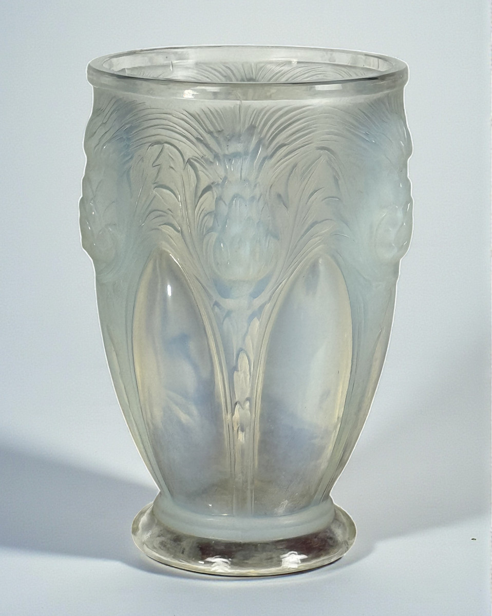 Large Art Nouveau Vase Decorated With Thistles, Made Of Opalescent Verlys Glass