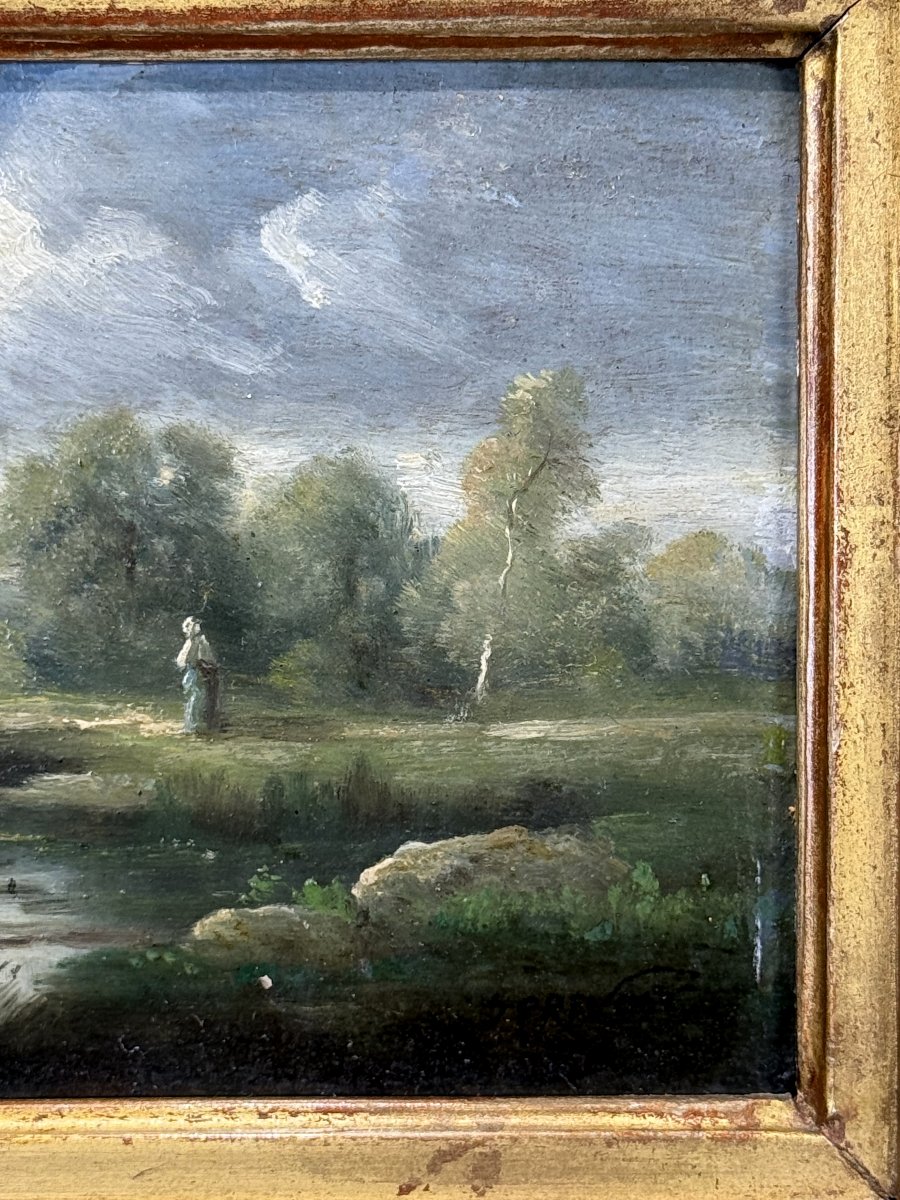 TABLEAU / PEINTURE / HUILE SUR PANNEAU BOIS SIGNÉ / PAYSAGE LACUSTRE ENCADRÉ-photo-2