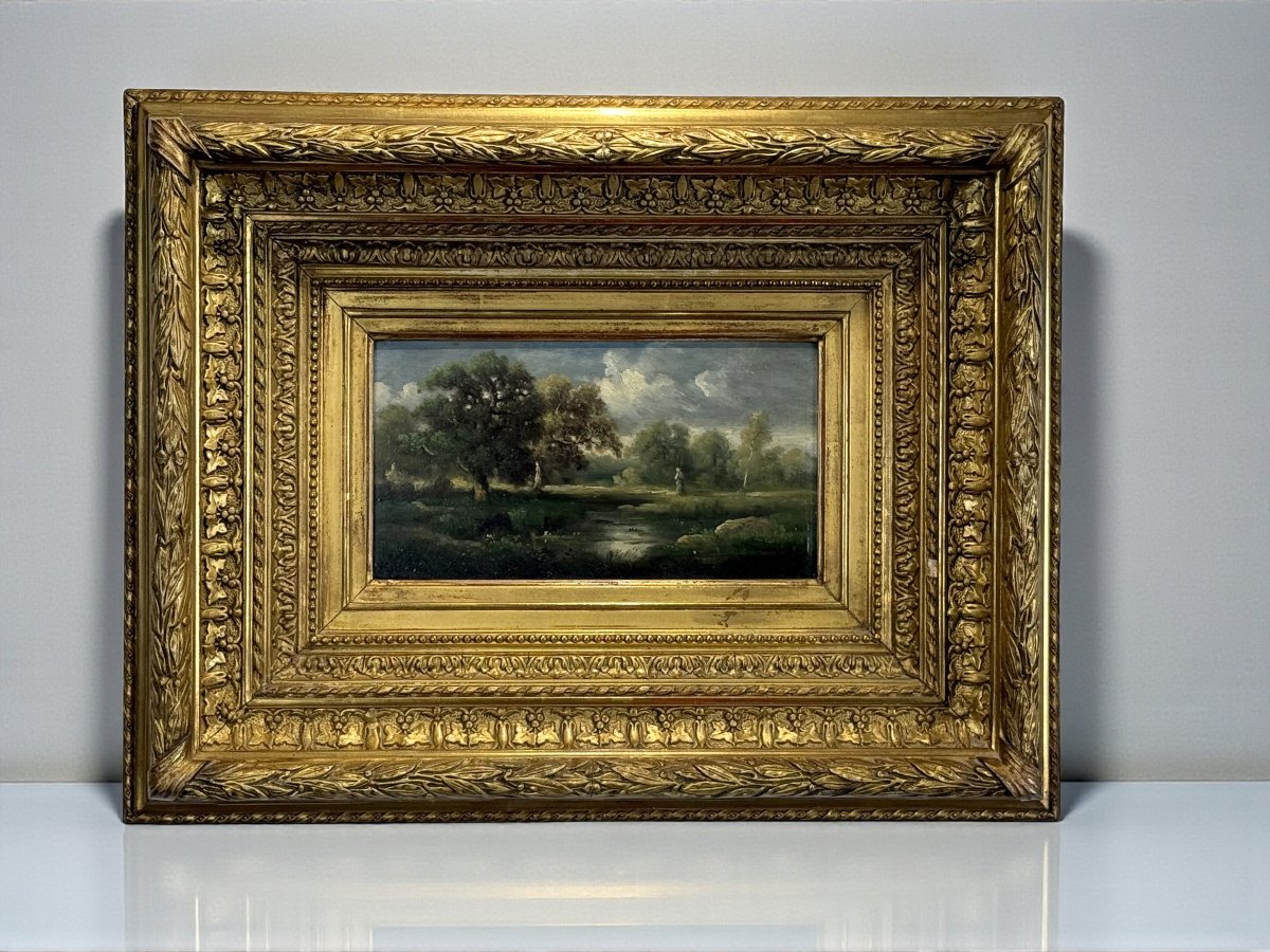 TABLEAU / PEINTURE / HUILE SUR PANNEAU BOIS SIGNÉ / PAYSAGE LACUSTRE ENCADRÉ-photo-6