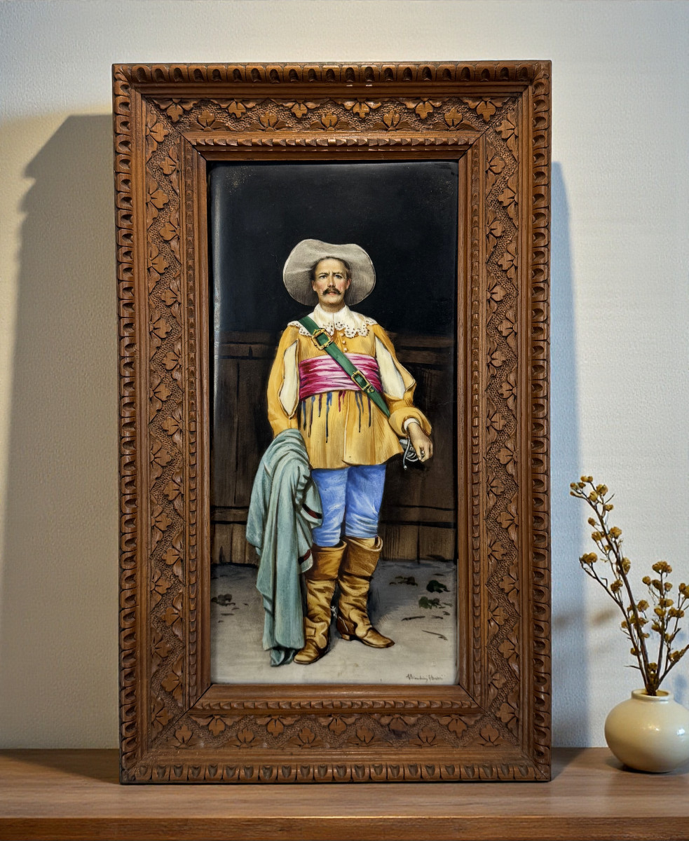 19th Century Painting On Porcelain Signed E. Bianchini / G. Bertini "a Musketeer"