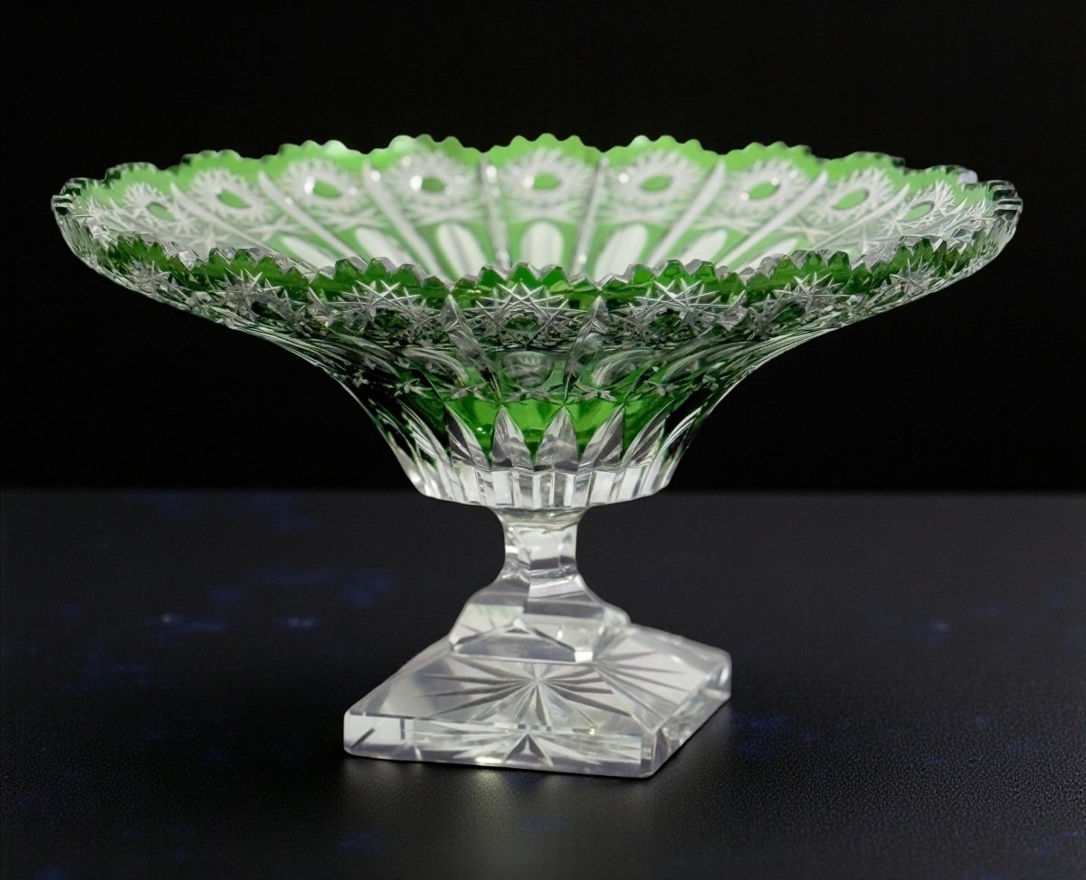 Round Bowl On A Green Pedestal, Hand-cut In Bohemian Crystal-photo-4