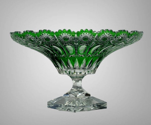 Round Bowl On A Green Pedestal, Hand-cut In Bohemian Crystal-photo-2