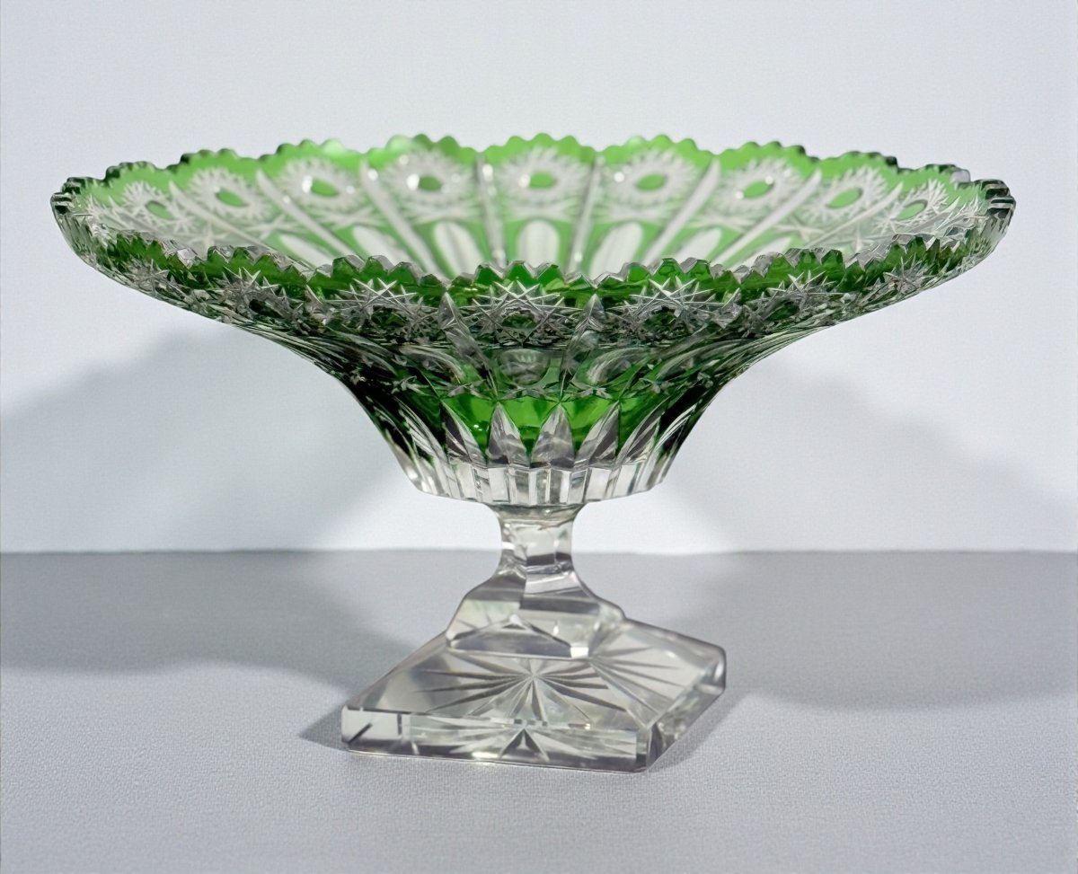 Round Bowl On A Green Pedestal, Hand-cut In Bohemian Crystal-photo-5