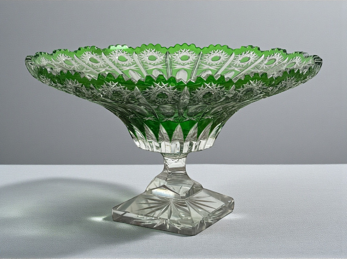 Round Bowl On A Green Pedestal, Hand-cut In Bohemian Crystal