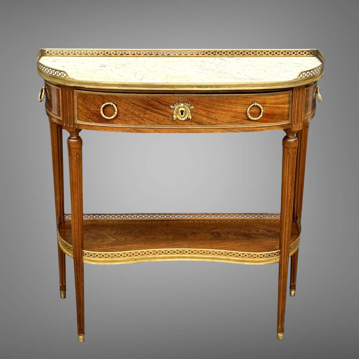 19th Century Louis XVI Style Half-moon Console Table In Marquetry With White Marble Top-photo-2