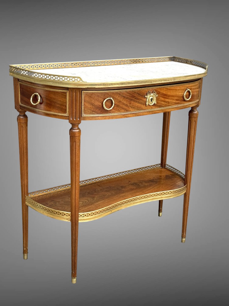 19th Century Louis XVI Style Half-moon Console Table In Marquetry With White Marble Top-photo-3