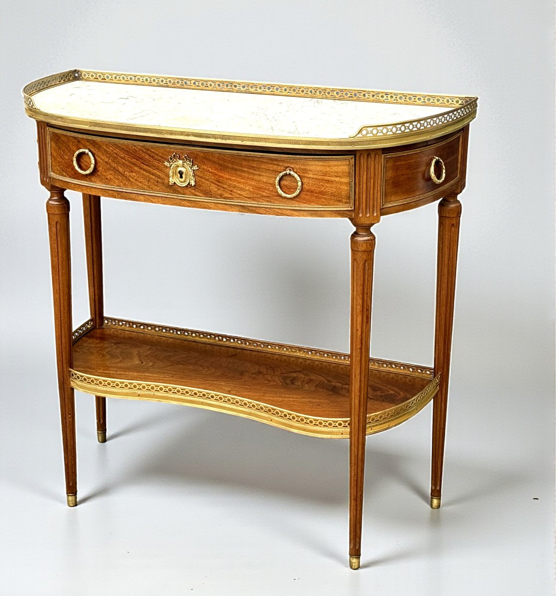 19th Century Louis XVI Style Half-moon Console Table In Marquetry With White Marble Top-photo-4