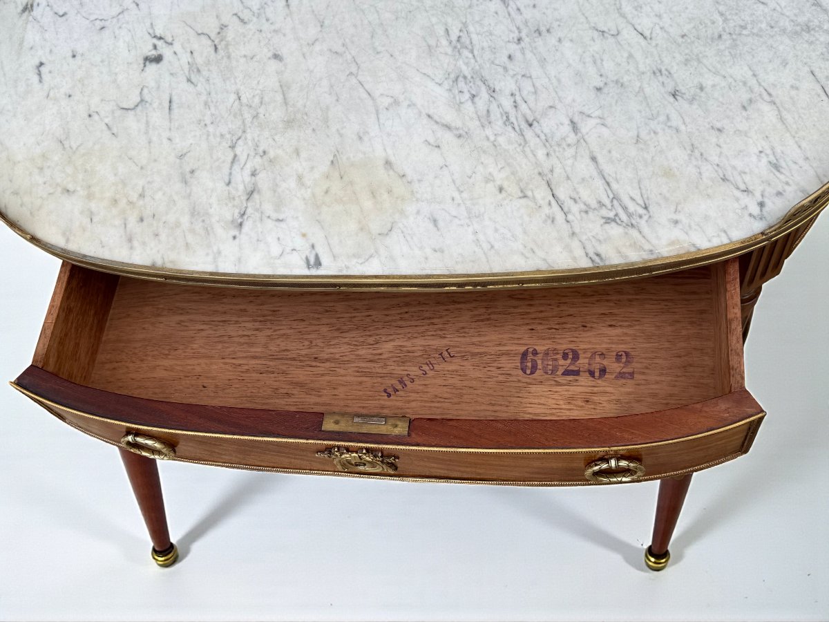 19th Century Louis XVI Style Half-moon Console Table In Marquetry With White Marble Top-photo-3