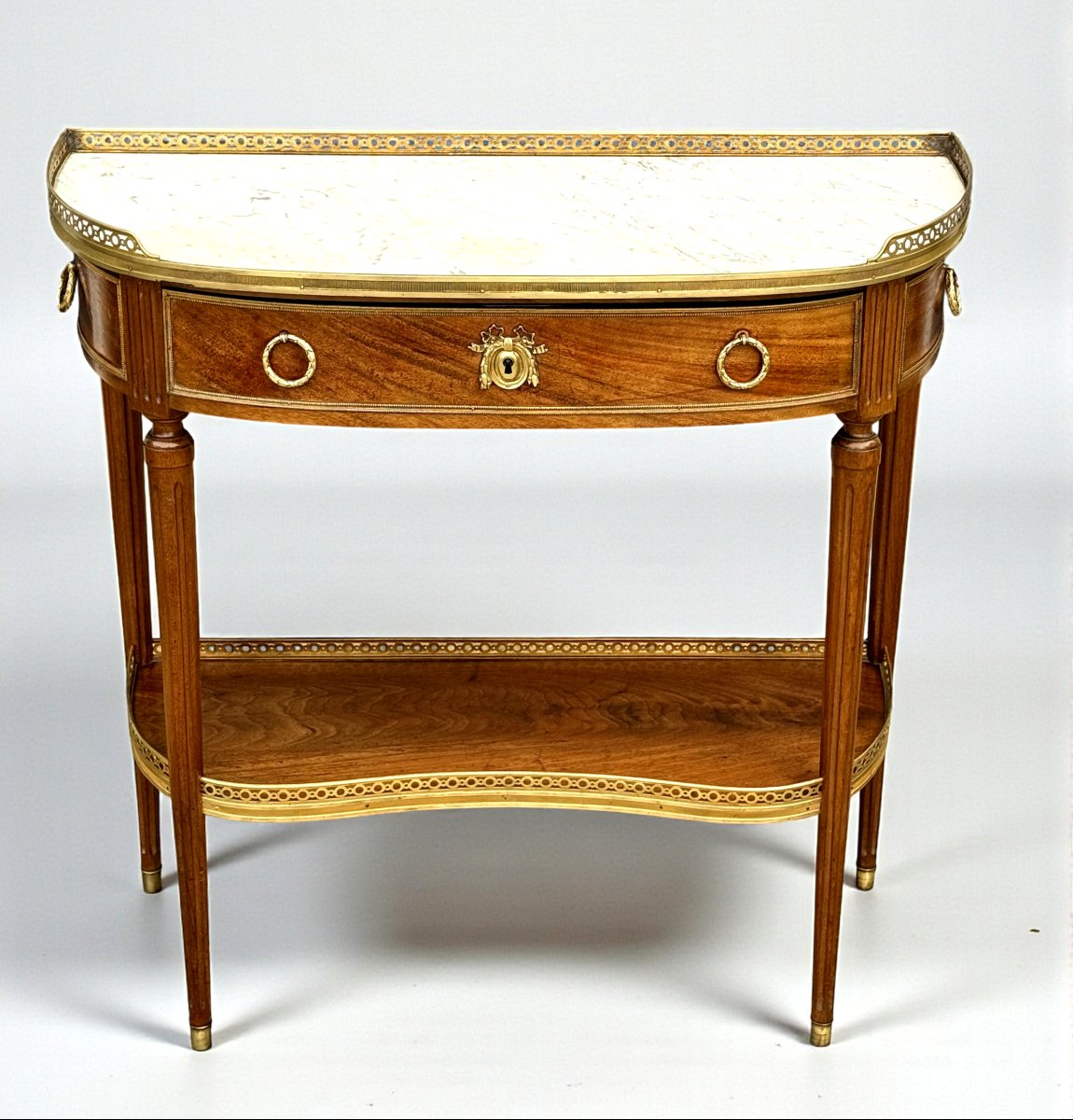 19th Century Louis XVI Style Half-moon Console Table In Marquetry With White Marble Top-photo-5