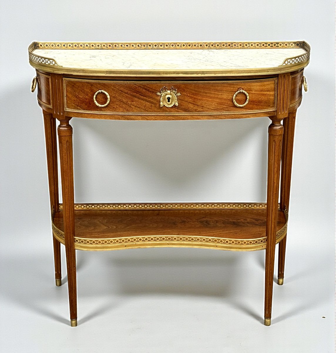 19th Century Louis XVI Style Half-moon Console Table In Marquetry With White Marble Top-photo-6