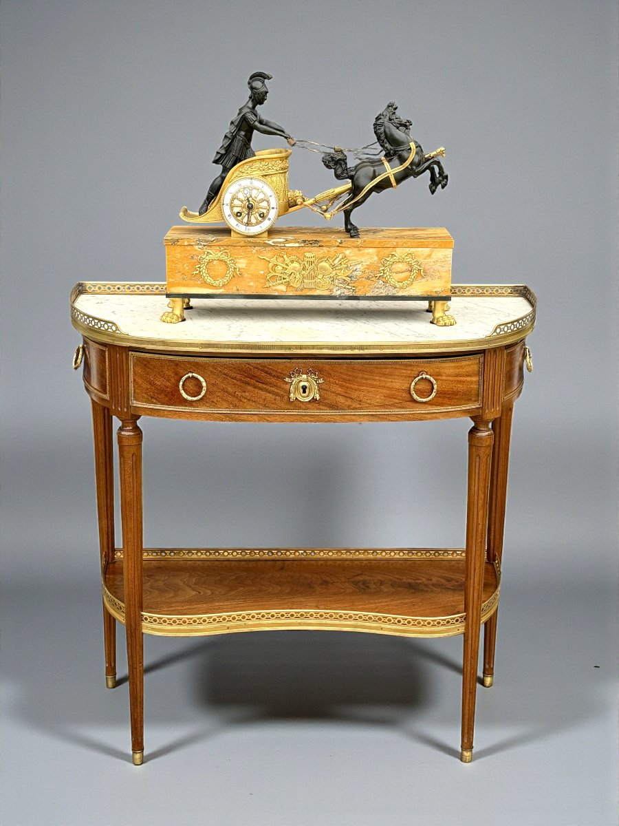 19th Century Louis XVI Style Half-moon Console Table In Marquetry With White Marble Top-photo-7